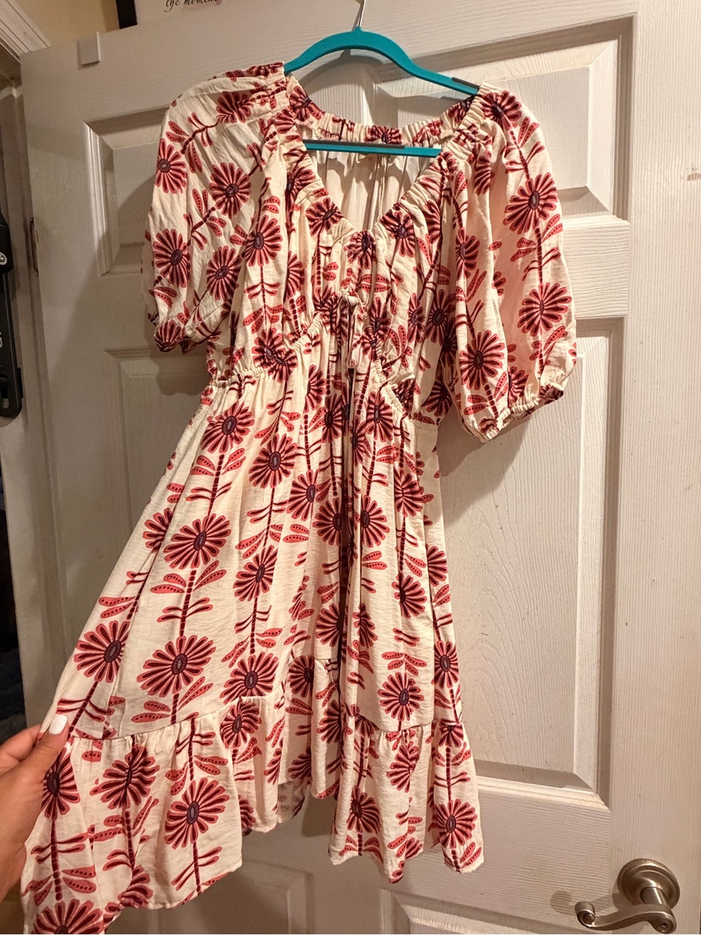 Cream Floral Puff-Sleeve Mini Dress with Red Print